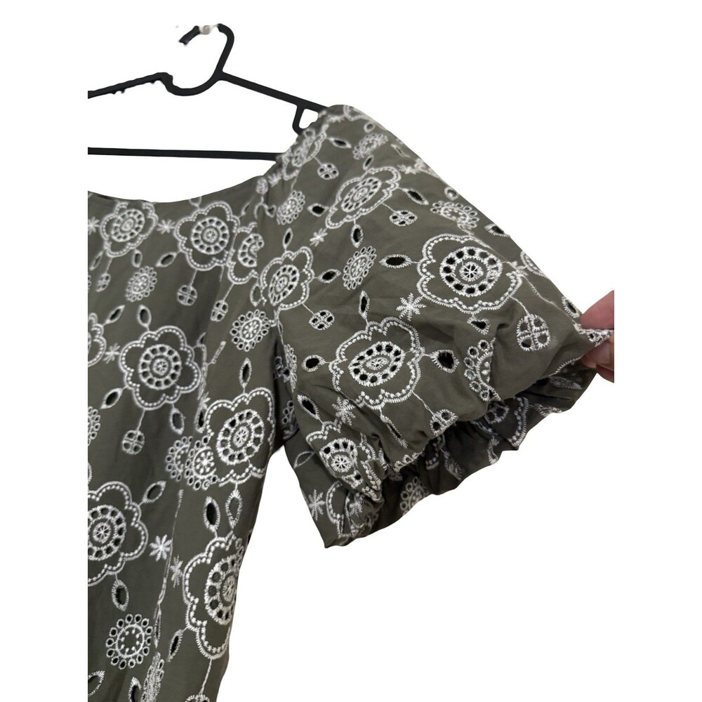 Talbots Green Embroidered Puff Sleeve Dress Size 12 Boho Eyelet Floral Shift - Picture 4 of 7